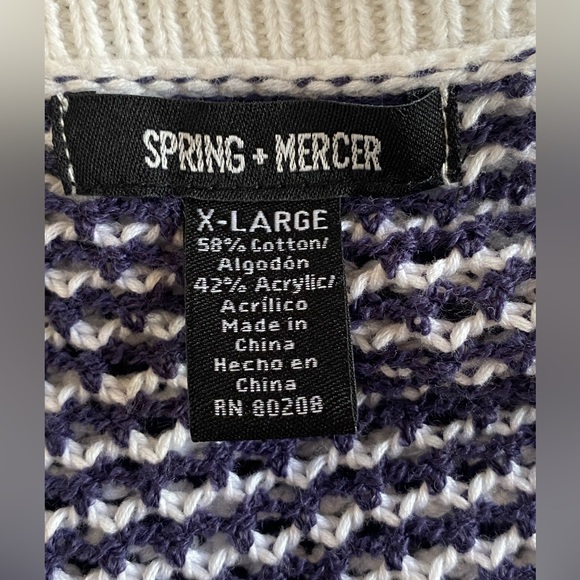 Women's Spring + Mercer Cardigan White and Blue Knit Cotton Blend One Button XL - Picture 2 of 3